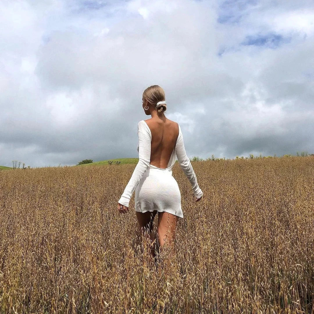 Backless White Knit Mini Dress