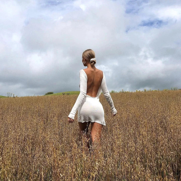 Backless White Knit Mini Dress