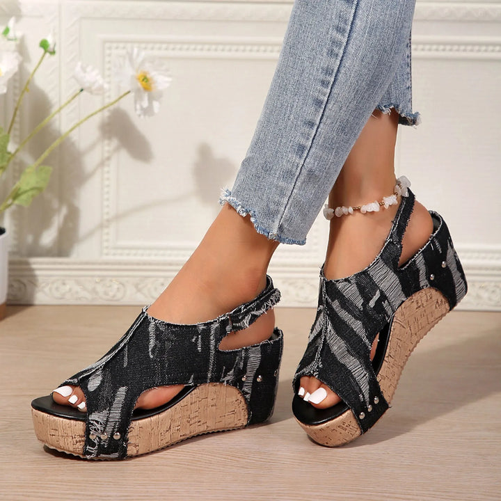 Fashion Slip-On Women'S Solid Sandals Women'S Thickness Increase Slope Heel Fish Mouth Back Lift Strap Denim Fashion Sandalias