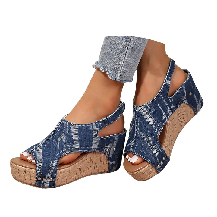 Fashion Slip-On Women'S Solid Sandals Women'S Thickness Increase Slope Heel Fish Mouth Back Lift Strap Denim Fashion Sandalias