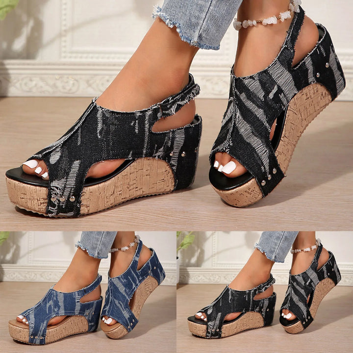 Fashion Slip-On Women'S Solid Sandals Women'S Thickness Increase Slope Heel Fish Mouth Back Lift Strap Denim Fashion Sandalias
