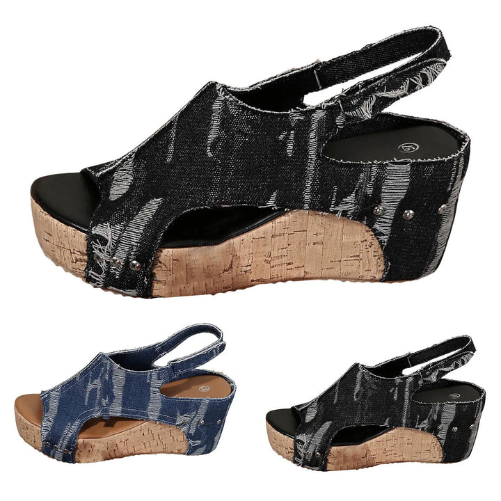 Fashion Slip-On Women'S Solid Sandals Women'S Thickness Increase Slope Heel Fish Mouth Back Lift Strap Denim Fashion Sandalias