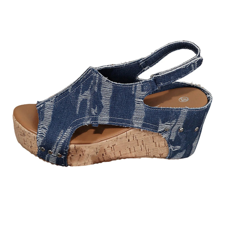 Fashion Slip-On Women'S Solid Sandals Women'S Thickness Increase Slope Heel Fish Mouth Back Lift Strap Denim Fashion Sandalias
