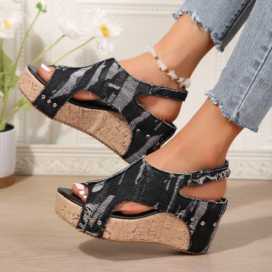 Fashion Slip-On Women'S Solid Sandals Women'S Thickness Increase Slope Heel Fish Mouth Back Lift Strap Denim Fashion Sandalias